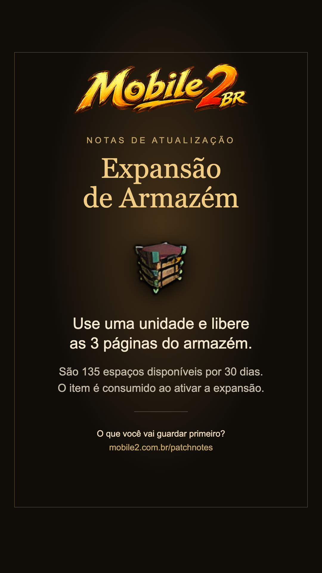 Item real Expansão de Armazém. A arte informa: usar uma unidade libera 3 páginas, com 135 espaços por 30 dias; o item é consumido ao ativar.