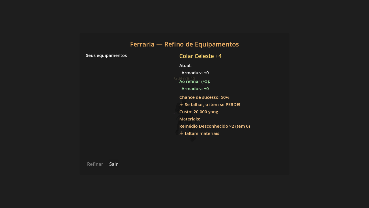 Exemplo da tela real de refinação em teste local: Colar Celeste +4, Remédio Desconhecido ×2 faltando e botão Refinar desabilitado.